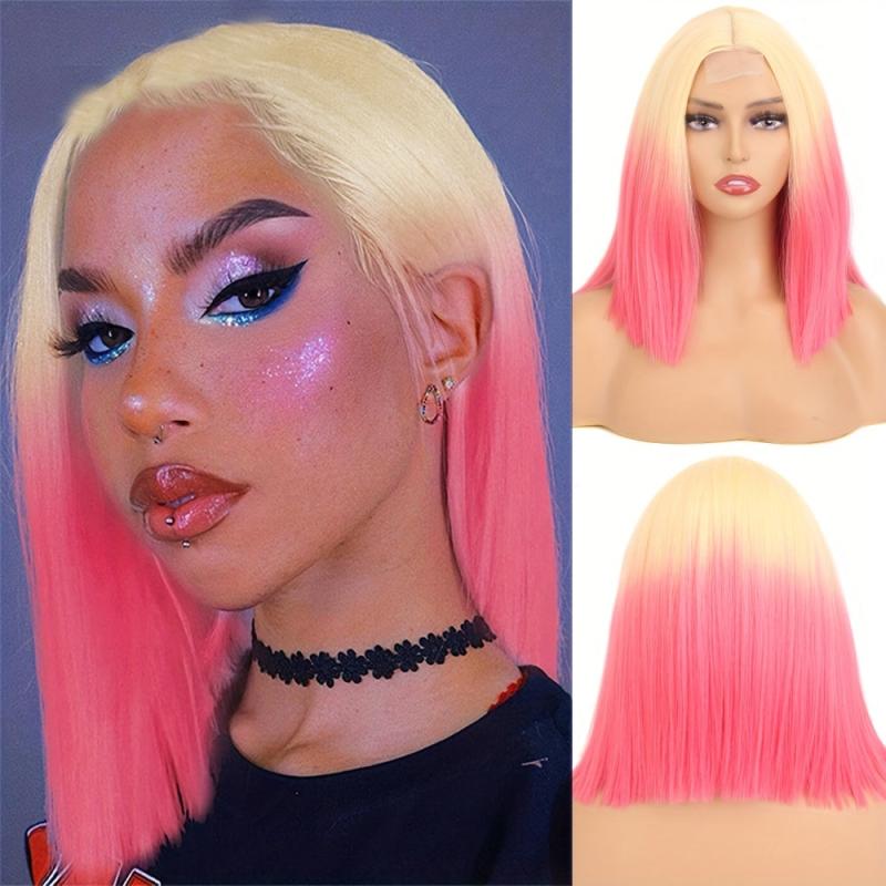 Ombre Blonde to Pink Orange Layered Bob Lace Front Wig