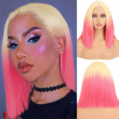Ombre Blonde to Pink Orange Layered Bob Lace Front Wig