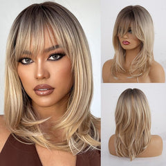 Long Straight Layered Wig Ombre Bangs