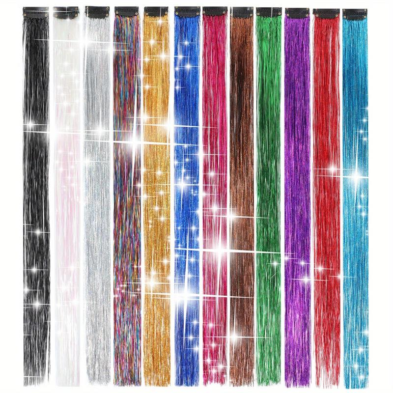 12pcs Glitter Clip On Hair Tinsel Kit for Women Girls - Parties Holidays Cosplay