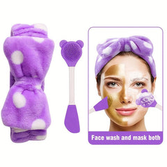 2Pcs Bear Silicone Facial Cleansing Brush & Coral Fleece Hair Band Set