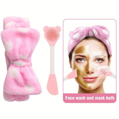 2Pcs Bear Silicone Facial Cleansing Brush & Coral Fleece Hair Band Set