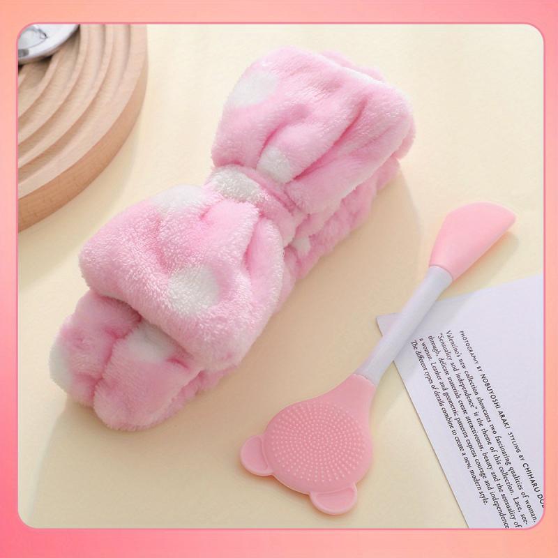 2Pcs Bear Silicone Facial Cleansing Brush & Coral Fleece Hair Band Set