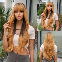 Brown Ombre Long Wavy Wig With Bangs for Women
