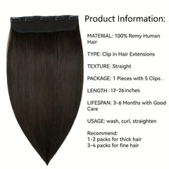100% Human Hair Clip In Extensions 5 Clips Natural Straight Hair for Women
