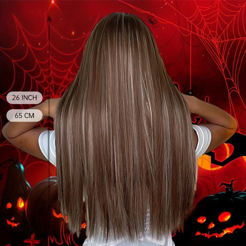 66 04 Cm Brown Wig With Highlights Long Straight Hair Replacement Wig