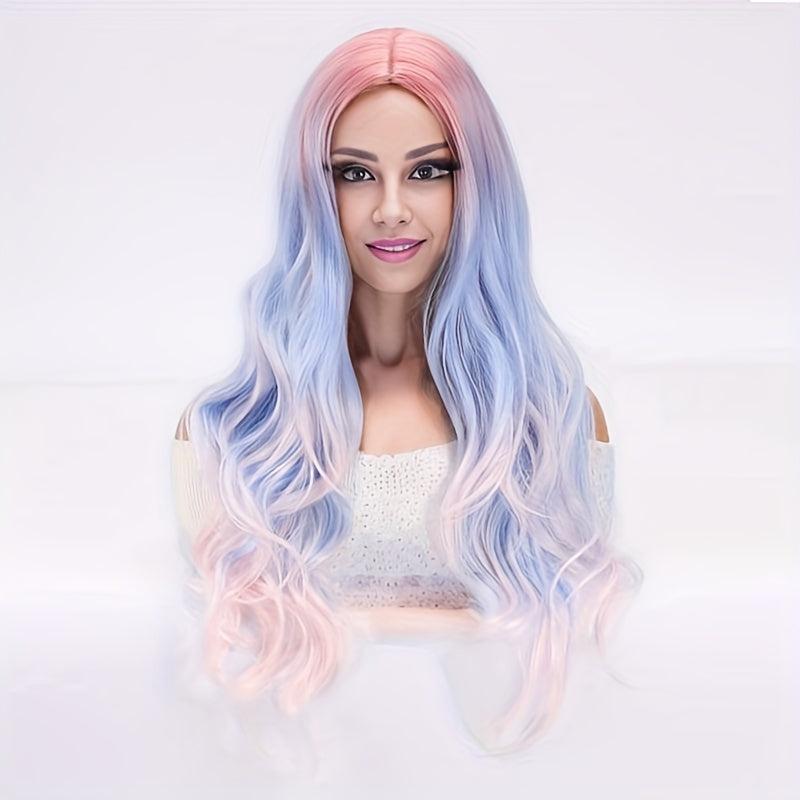 Ombre Colorful Long Curly Wavy Wig With Bangs Synthetic Wig