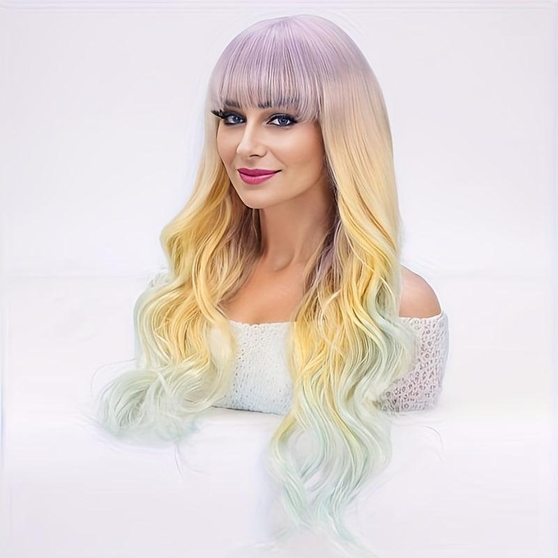 Ombre Colorful Long Curly Wavy Wig With Bangs Synthetic Wig