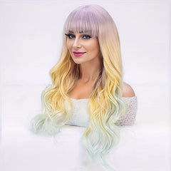 Ombre Colorful Long Curly Wavy Wig With Bangs Synthetic Wig