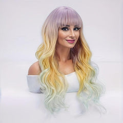 Ombre Colorful Long Curly Wavy Wig With Bangs Synthetic Wig
