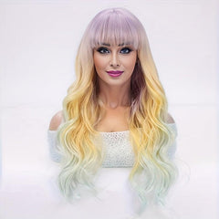 Ombre Colorful Long Curly Wavy Wig With Bangs Synthetic Wig