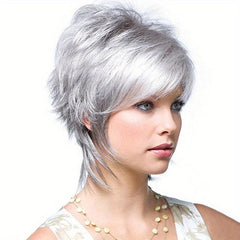 Silvery Gray Pixie Cut Wig Short Synthetic Fiber Hair Replacement Wigs