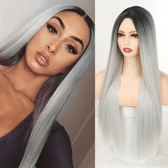 Long Straight Heat Resistant Wig Grey for Women