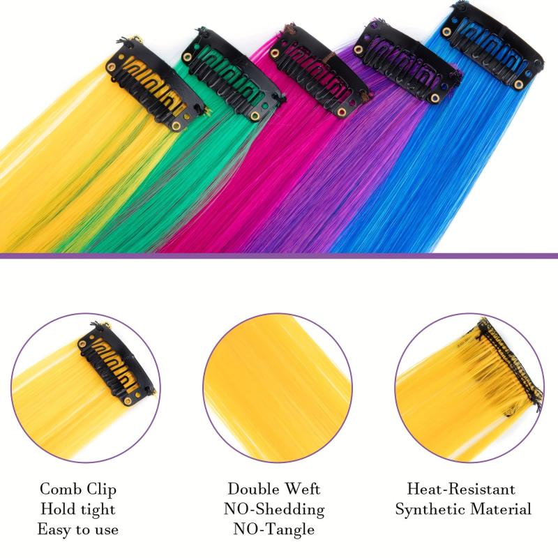 10pcs Colored Hair Extensions Clips Girls Party Highlight Synthetic Extensions