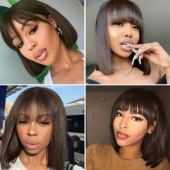 2 Brown Short Bob Wig with Bangs, Human Hair, Glueless Full Machine Wig