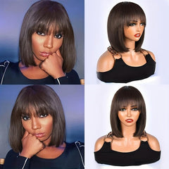 2 Brown Short Bob Wig with Bangs, Human Hair, Glueless Full Machine Wig