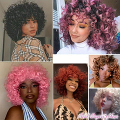 Short Afro Curly Wig with Bangs for Women 35-56 cm Ombre Synthetic Hair Wigs
