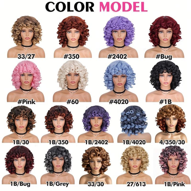 Short Afro Curly Wig with Bangs for Women 35-56 cm Ombre Synthetic Hair Wigs