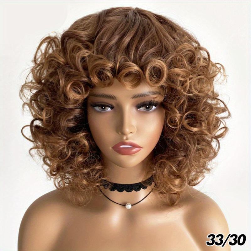 Short Afro Curly Wig with Bangs for Women 35-56 cm Ombre Synthetic Hair Wigs