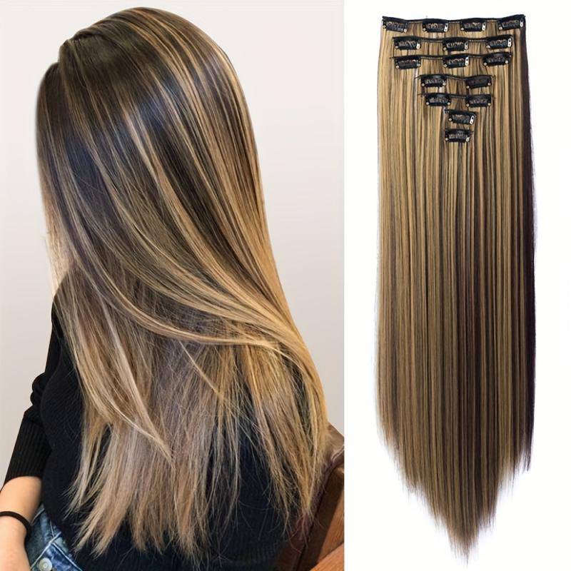 Brown Golden Mixed Colors Synthetic Hair Extensions Clip In 7 Pcs Set