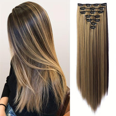 Brown Golden Mixed Colors Synthetic Hair Extensions Clip In 7 Pcs Set
