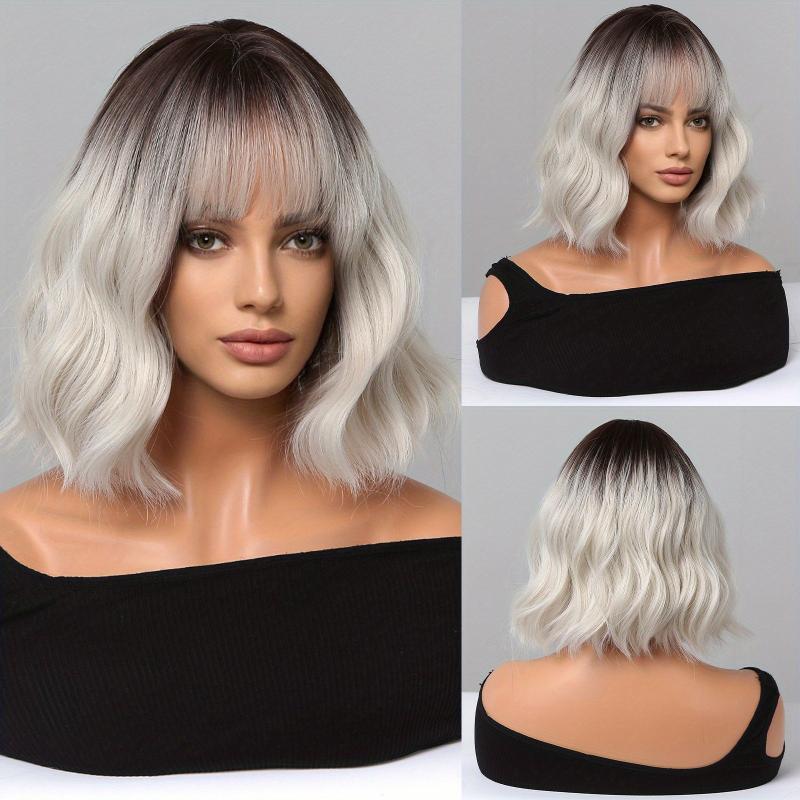 Short Body Wave Hair Wigs Ombre Pink 30 48 Cm with Bangs