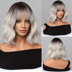 Short Body Wave Hair Wigs Ombre Pink 30 48 Cm with Bangs