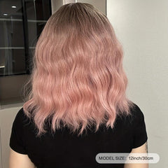 Short Body Wave Hair Wigs Ombre Pink 30 48 Cm with Bangs