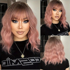 Short Body Wave Hair Wigs Ombre Pink 30 48 Cm with Bangs
