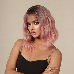 Short Body Wave Hair Wigs Ombre Pink 30 48 Cm with Bangs