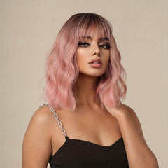 Short Body Wave Hair Wigs Ombre Pink 30 48 Cm with Bangs