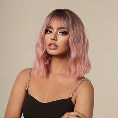 Short Body Wave Hair Wigs Ombre Pink 30 48 Cm with Bangs