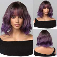Short Body Wave Hair Wigs Ombre Pink 30 48 Cm with Bangs