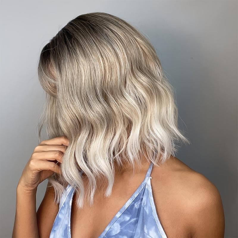 Golden Short Ombre Curly Wigs With Bangs Heat Resistant Synthetic Bob Wig