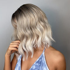 Golden Short Ombre Curly Wigs With Bangs Heat Resistant Synthetic Bob Wig