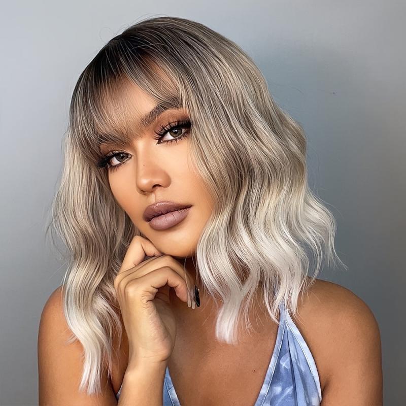 Golden Short Ombre Curly Wigs With Bangs Heat Resistant Synthetic Bob Wig