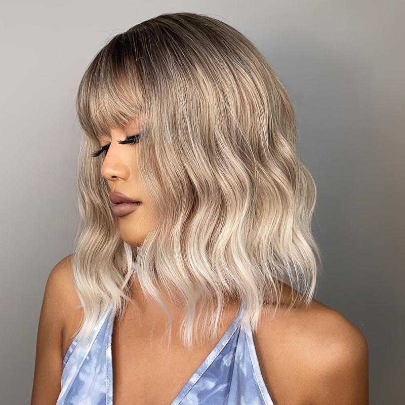 Golden Short Ombre Curly Wigs With Bangs Heat Resistant Synthetic Bob Wig