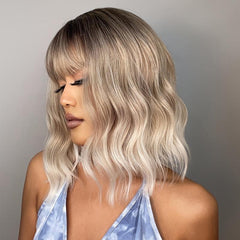 Golden Short Ombre Curly Wigs With Bangs Heat Resistant Synthetic Bob Wig