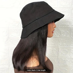Hooded Fishing Hat Wig Medium Long Straight Synthetic Wig Heat Resistant