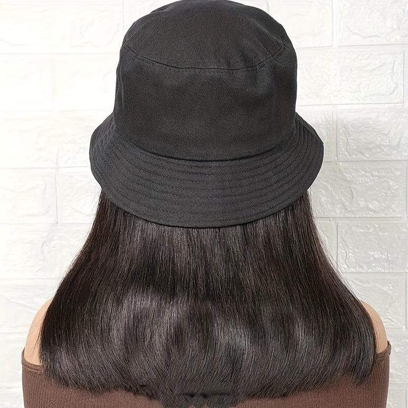 Hooded Fishing Hat Wig Medium Long Straight Synthetic Wig Heat Resistant