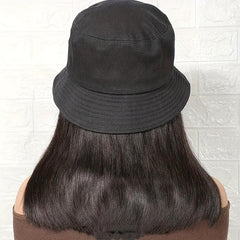 Hooded Fishing Hat Wig Medium Long Straight Synthetic Wig Heat Resistant