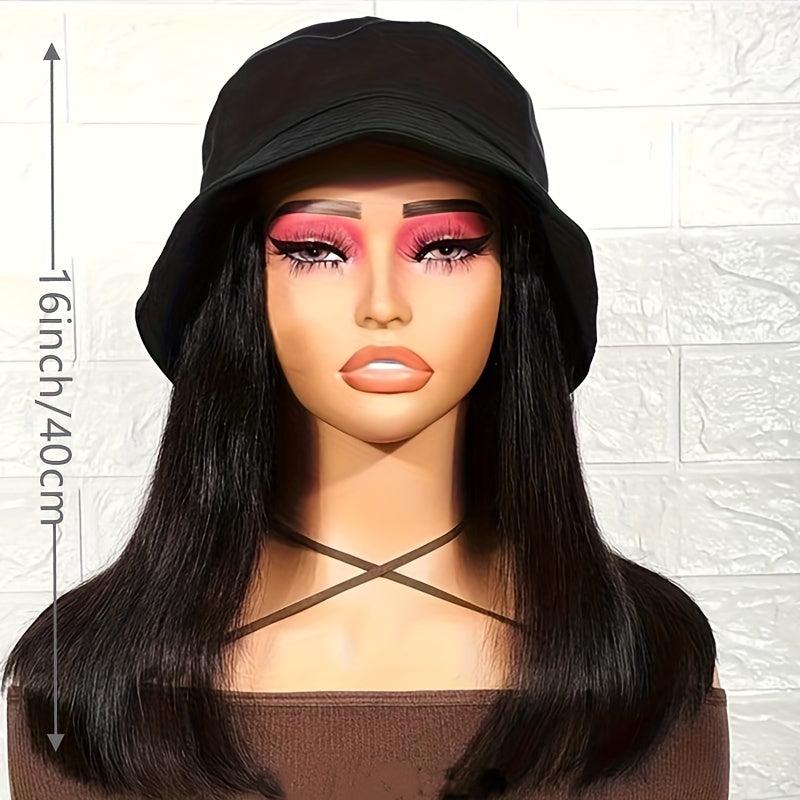 Hooded Fishing Hat Wig Medium Long Straight Synthetic Wig Heat Resistant