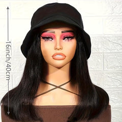Hooded Fishing Hat Wig Medium Long Straight Synthetic Wig Heat Resistant