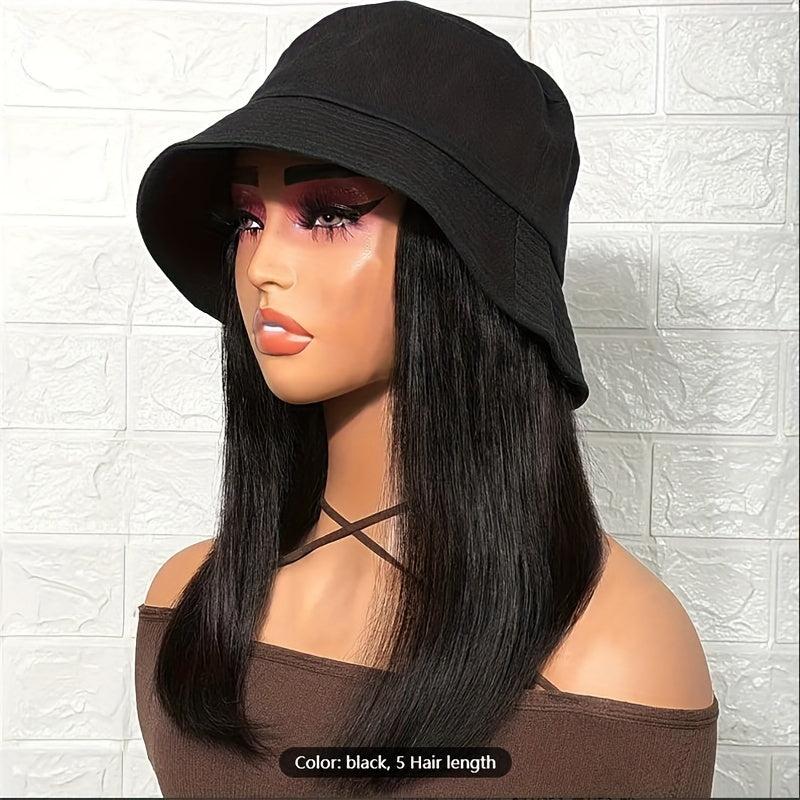 Hooded Fishing Hat Wig Medium Long Straight Synthetic Wig Heat Resistant