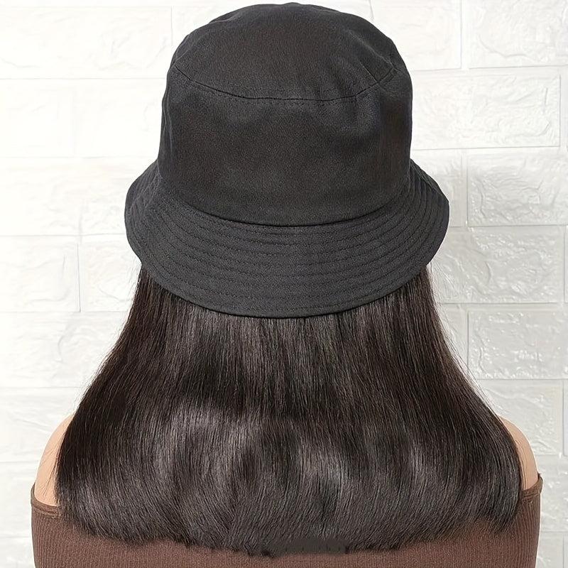 Hooded Fishing Hat Wig Medium Long Straight Synthetic Wig Heat Resistant