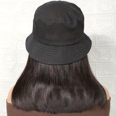 Hooded Fishing Hat Wig Medium Long Straight Synthetic Wig Heat Resistant