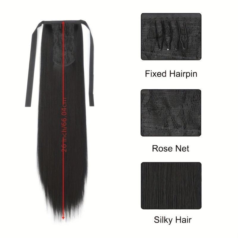 Long Straight Ponytail Extensions with Ribbon Tie, Synthetic Hair, Daily Use