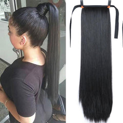 Long Straight Ponytail Extensions with Ribbon Tie, Synthetic Hair, Daily Use
