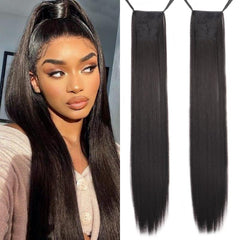 Long Straight Ponytail Extensions with Ribbon Tie, Synthetic Hair, Daily Use