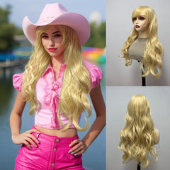 Golden Long Wavy Wig With Bangs Synthetic Heat Resistant Costume Wig